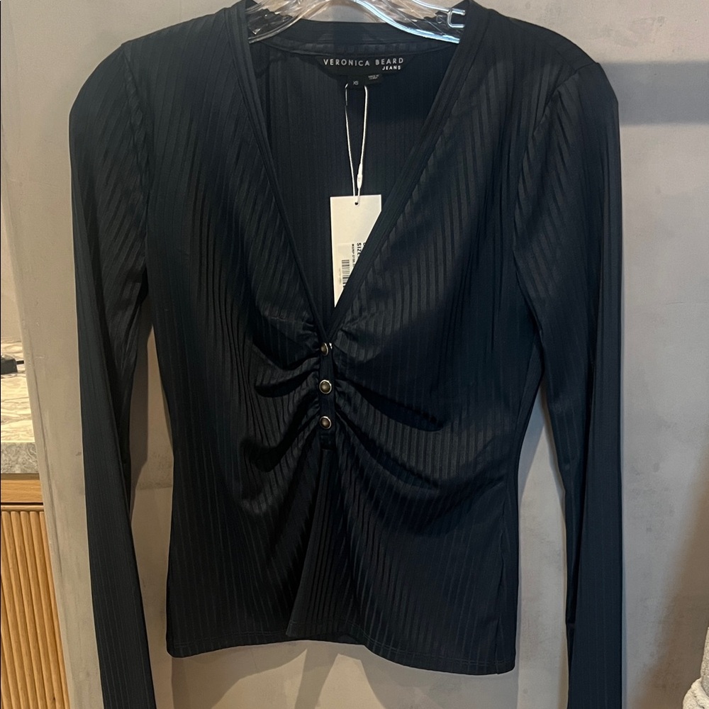 Veronica Beard Black Long Sleeve Ribbed Blouse